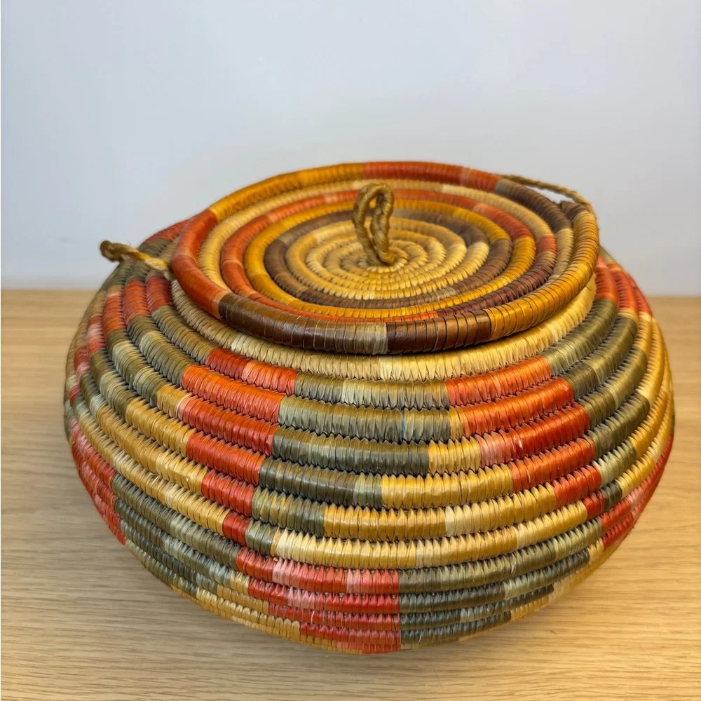 Vintage Handwoven‎ Coil Multicolor Basket with Lid
